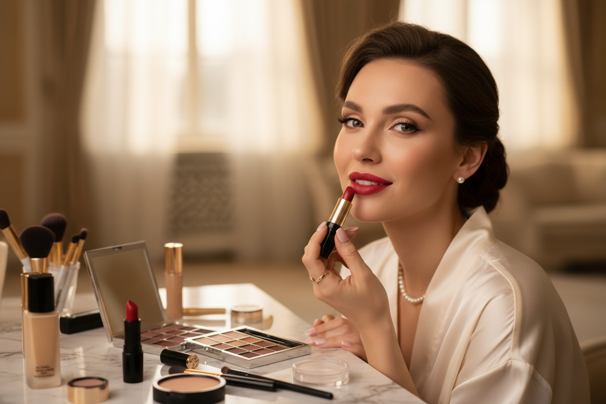Women Using Makeup & Red Lipstickslider_item_jedVPF